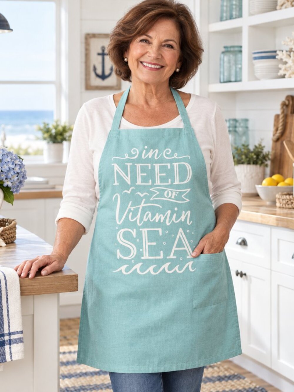 Nantucket Nautical Beach Printed Chef Apron 100% Cotton In Need Of Vitamin Sea